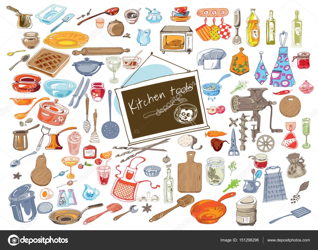 Insieme di elementi di cucina variopinta di doodle con i condimenti utensil posate microonde spezie verdure illustrazione vettoriale isolato di olio di
