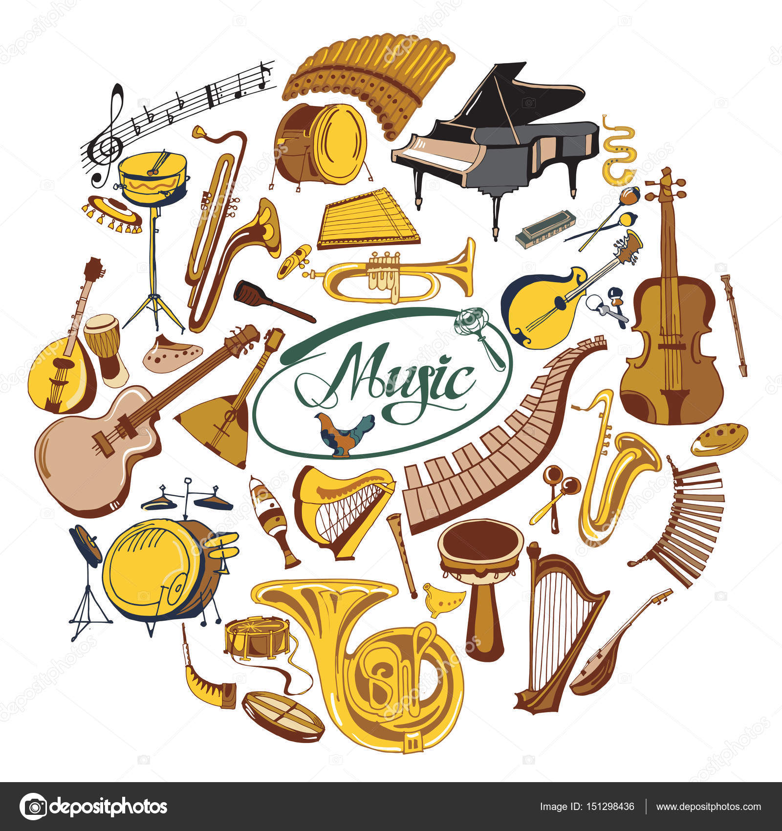 Colorato disegno musica icone rotonde concetto con note musicali e vento tastiera stringa strumenti a percussione isolati vettoriale illustrazione