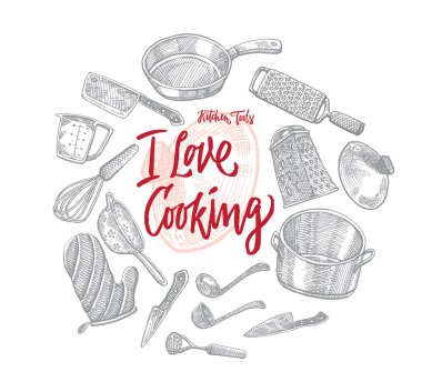 Kroki mutfak eşyaları yuvarlak kavramı