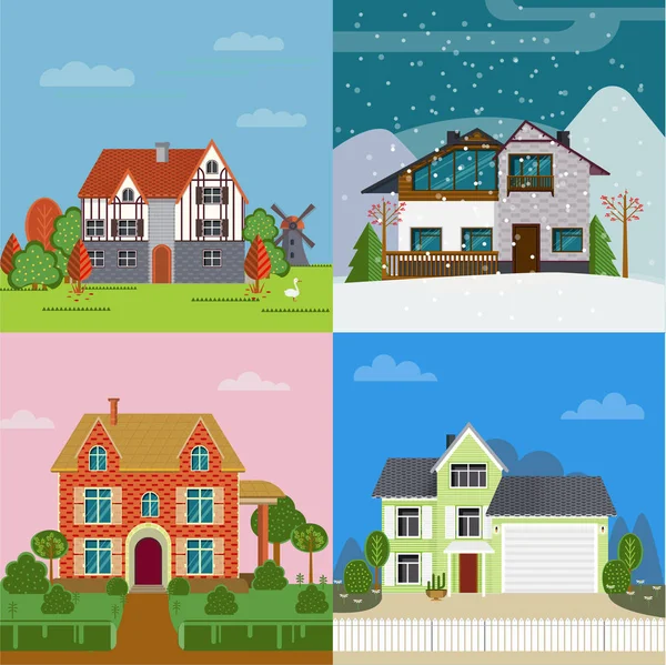 Koncept ploché barevné příměstské domky — Stockový vektor