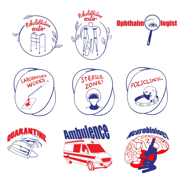 Doodle ιατρικά λογότυπα και τις σημάνσεις που — Διανυσματικό Αρχείο