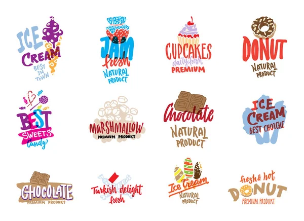 Desenho doces e doces Logotipos Set — Vetor de Stock
