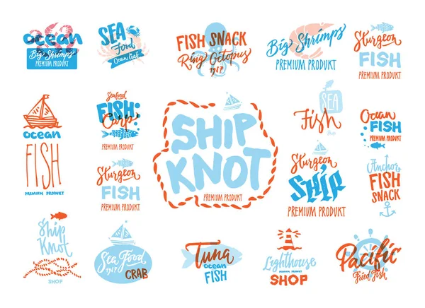 Skizze Meeresfrüchte Premium-Logos Set — Stockvektor