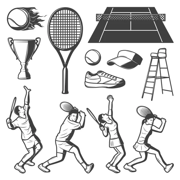 Colección de elementos de tenis vintage — Vector de stock
