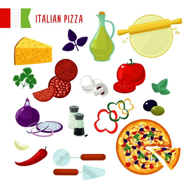 Cartoon italienische Pizza Zutaten Set — Stockvektor