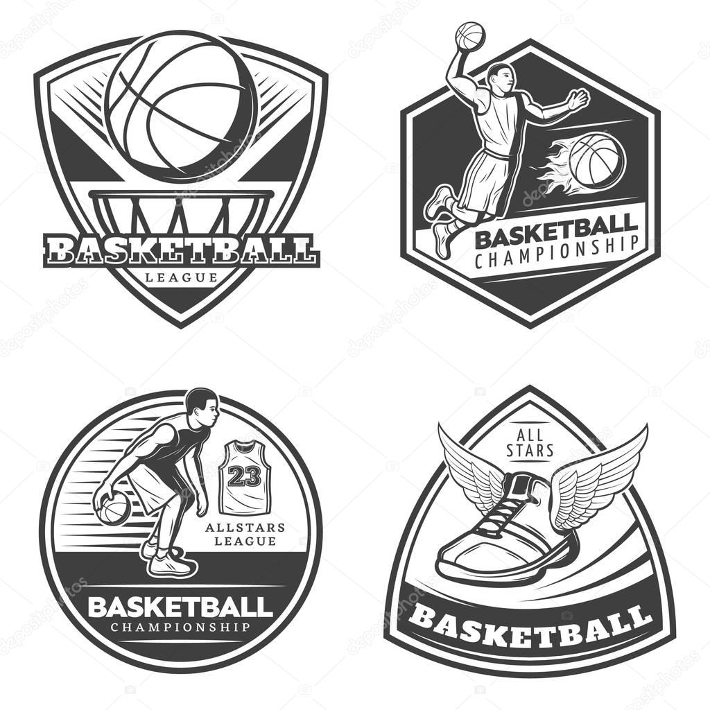 Vintage basketball emblems set with players dribbling slam dunk ball in hoop and sneaker with wings isolated vector illustration