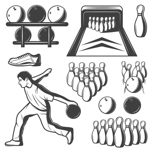 Collection d'éléments de bowling vintage monochrome — Image vectorielle