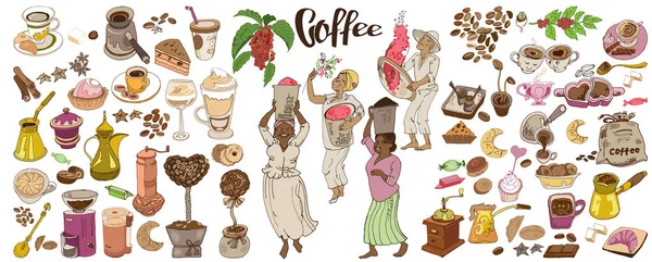 Барвистий набір кавових елементів Doodle — стоковий вектор