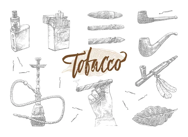 Juego de elementos de tabaco dibujado a mano — Vector de stock