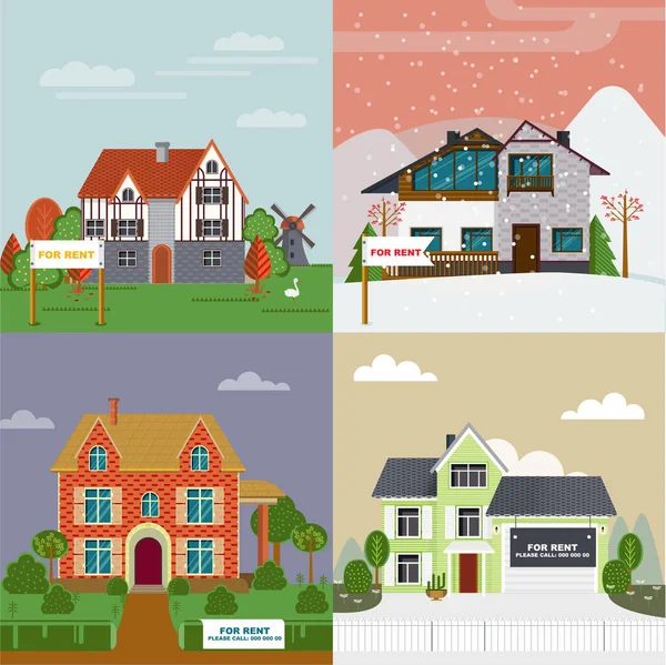 Villas colorées et chalets ensemble plat — Image vectorielle