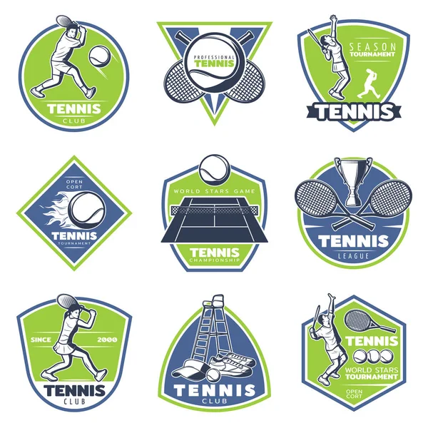 Conjunto de emblemas de tenis vintage coloreado — Vector de stock