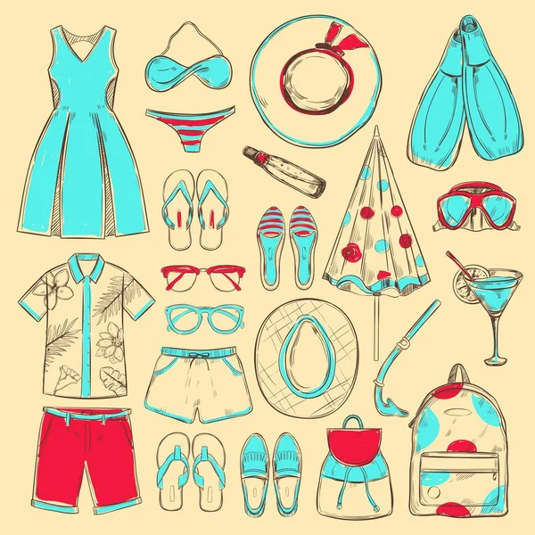 Colección de iconos de playa de verano de colores Doodle — Vector de stock