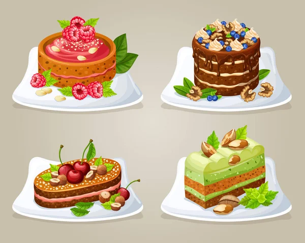 Bunte dekorative Kuchen auf Tellern — Stockvektor