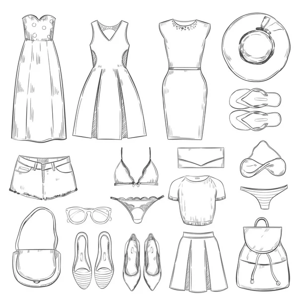 Hand Drawn Female Summer Clothes Set — Stock Vector