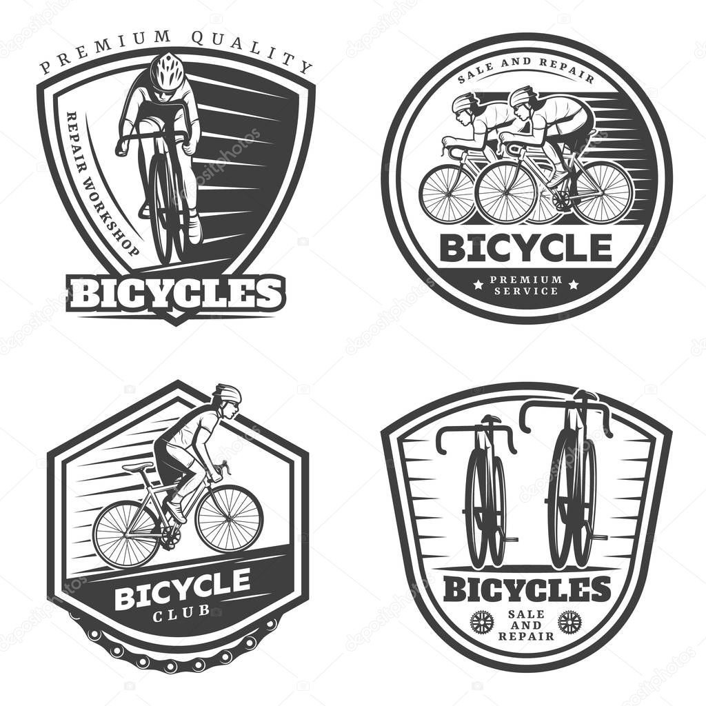 Vintage sport cycling emblems set of different shapes with cyclists riding bicycles isolated vector illustration