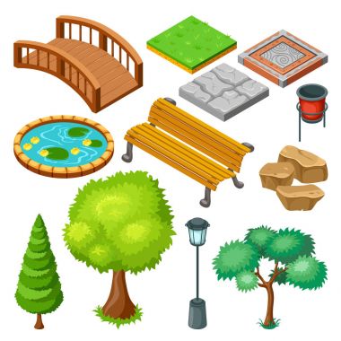İzometrik yaz Park peyzaj öğeleri kümesi