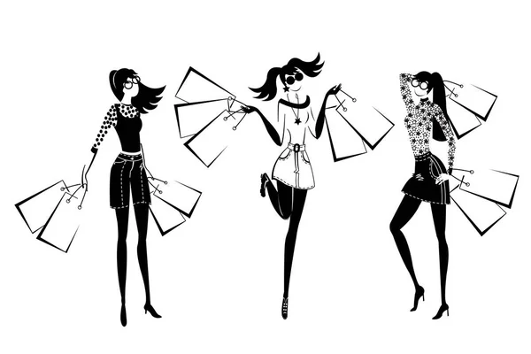 Ensemble shopping monochrome Happy Girls — Image vectorielle