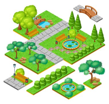 İzometrik Şehir Parkı peyzaj öğeleri kümesi