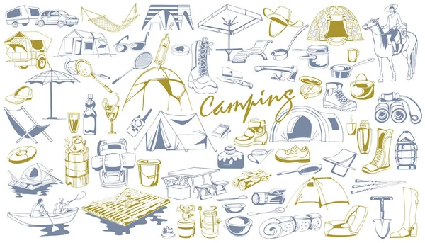 Conjunto de elementos de acampamento desenhado à mão — Vetor de Stock