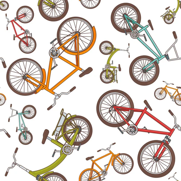 Bicicletas de dibujos animados coloridos patrón sin costuras — Archivo Imágenes Vectoriales