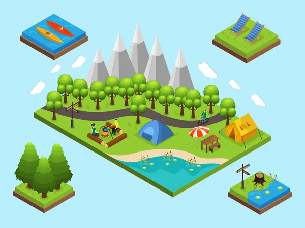 Isometric Outdoor Recreation And Hiking Composition — Stock Vector