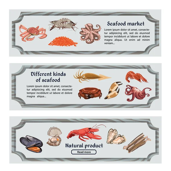 Bannières horizontales colorées de fruits de mer dessinées à la main — Image vectorielle