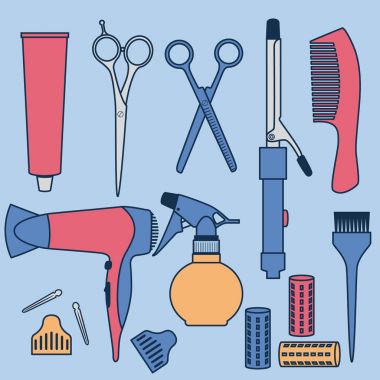 Renkli çizimi kuaförlük aksesuar koleksiyonu
