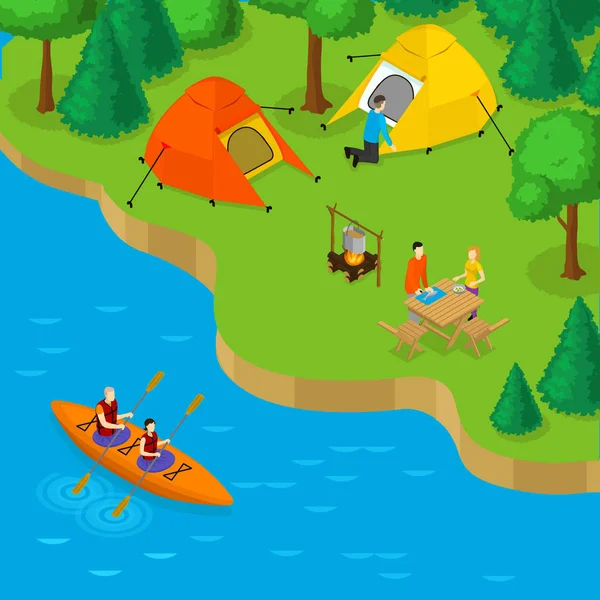 Isometric Camping And Active Recreation Concept — Stock Vector