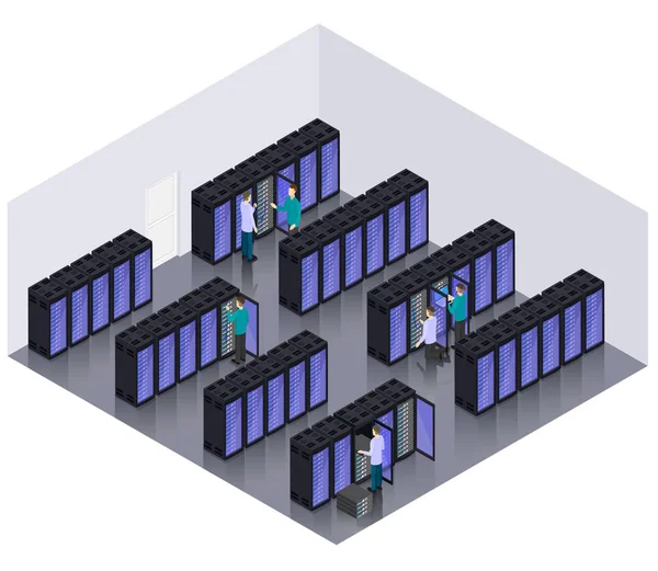 Datacenter Isométrico Hospedagem Servidores Quarto Conceito —  Vetores de Stock