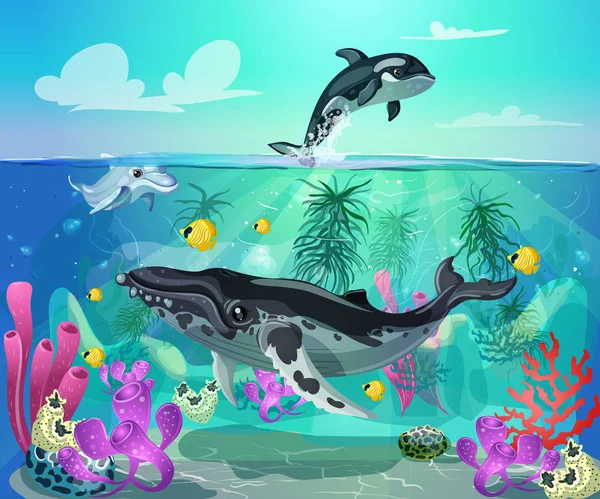 Desen animat colorat Sea Life Background — Vector de stoc