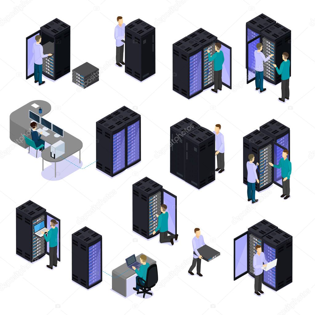 People In Data Center Isometric Set