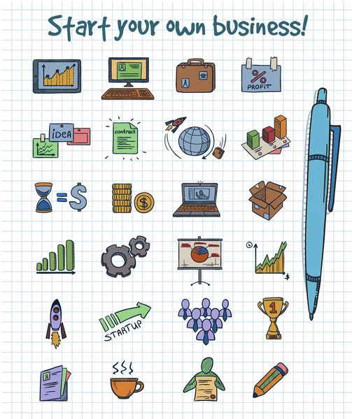 Gekleurde Doodle bedrijfsconcept Start elementen — Stockvector