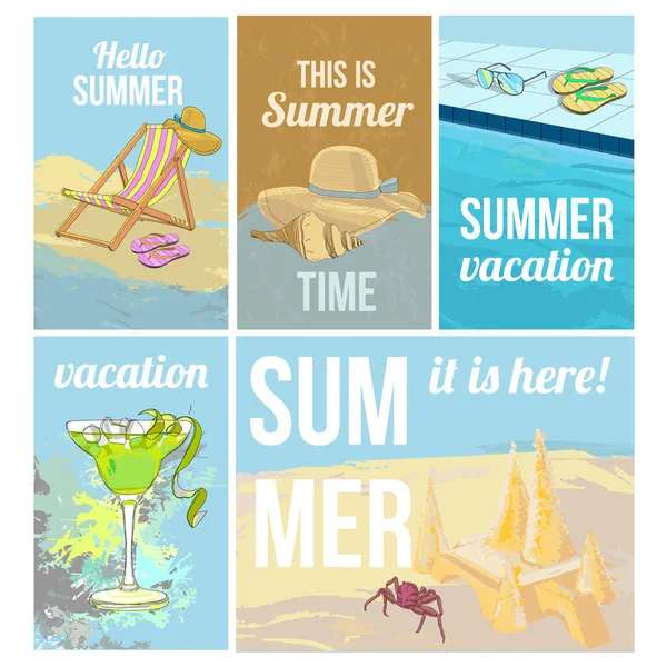 Cartazes coloridos de férias de verão desenhados à mão — Vetor de Stock