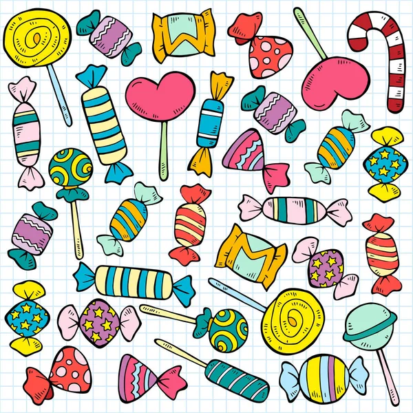 Dibujo caramelos de colores y patrón de piruletas — Archivo Imágenes Vectoriales