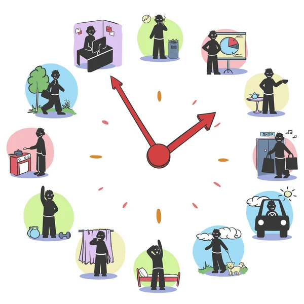 每日例行的时钟字符概念 — 图库矢量图片