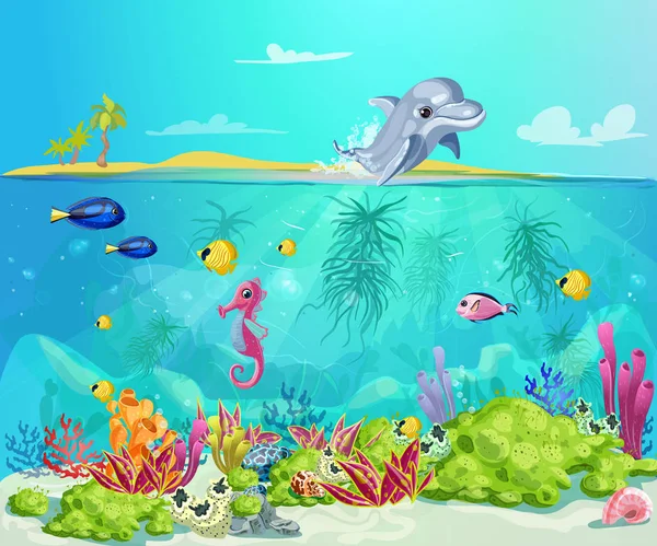 Plantilla de vida marina de dibujos animados — Vector de stock