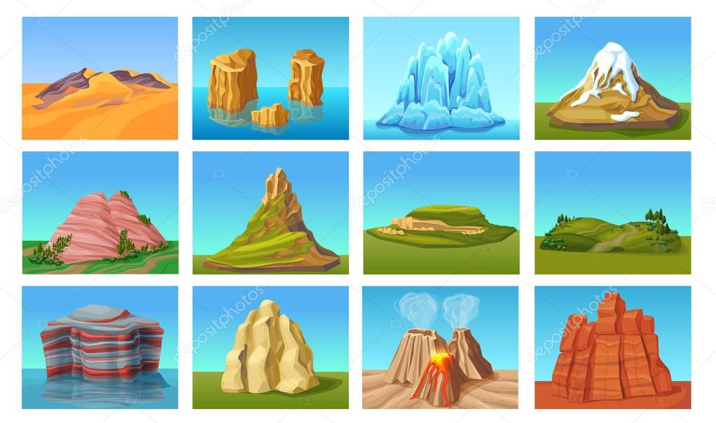 Cartoon Mountain Landscapes Set