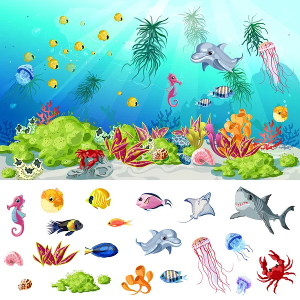 Desene animate Sea and Ocean Life Concept — Vector de stoc