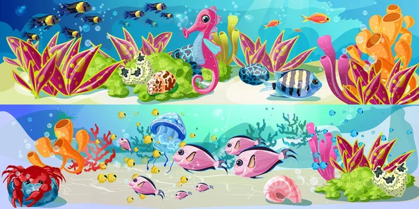 Cartoon Bright Marine Life Horizontal Banners — Stock Vector