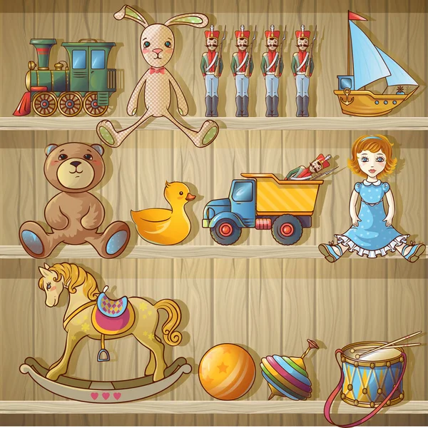 Zabawki dla dzieci na półkach skład — Wektor stockowy