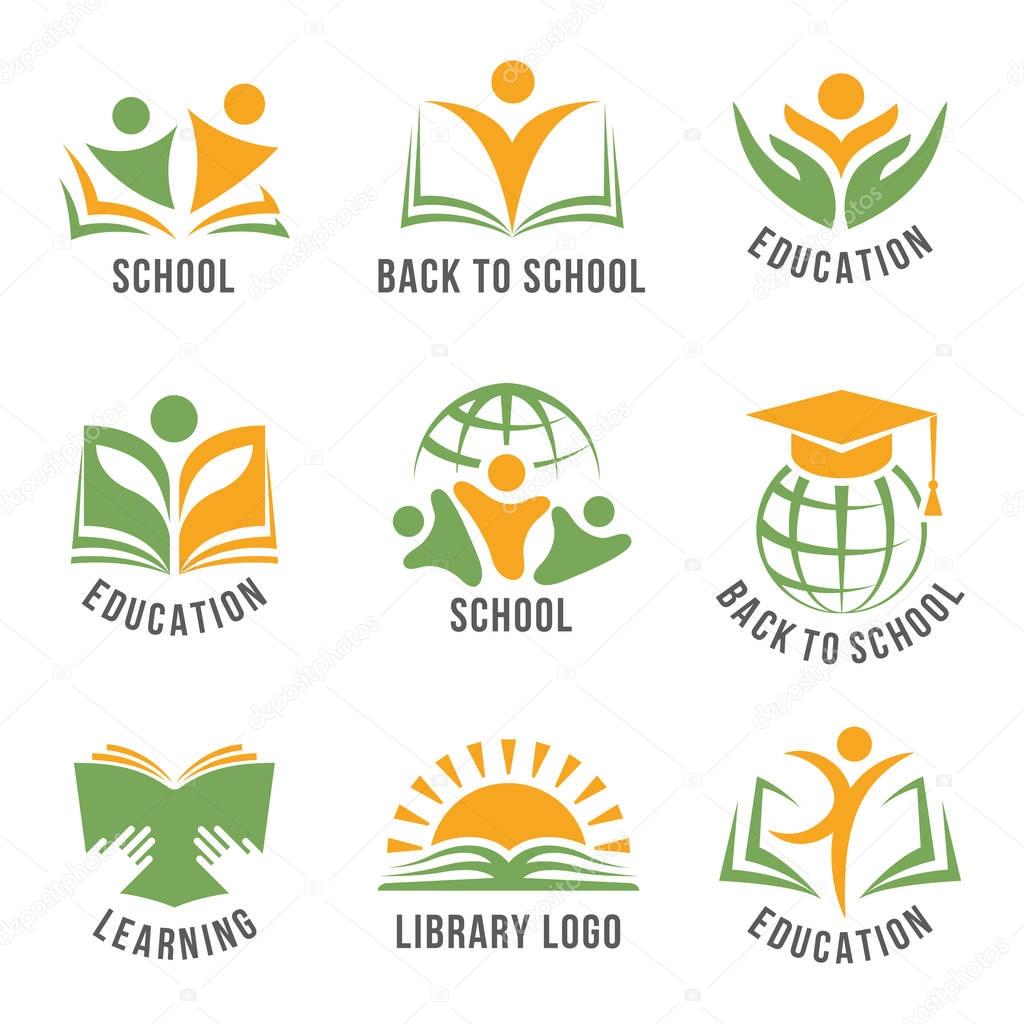 Set of colorful school logos flat isolated green and orange vector illustration