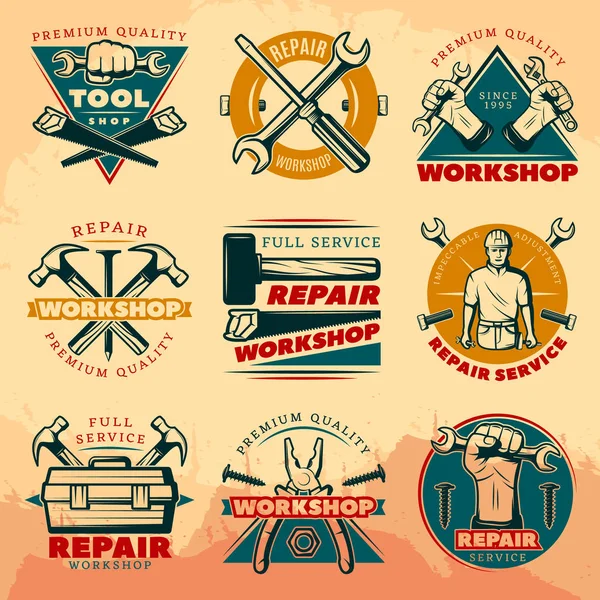 Vintage taller de reparación Color Logo Set — Archivo Imágenes Vectoriales