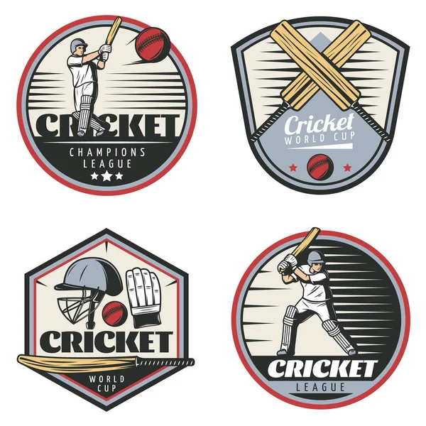 Ensemble d'emblèmes de sport de cricket vintage colorés — Image vectorielle