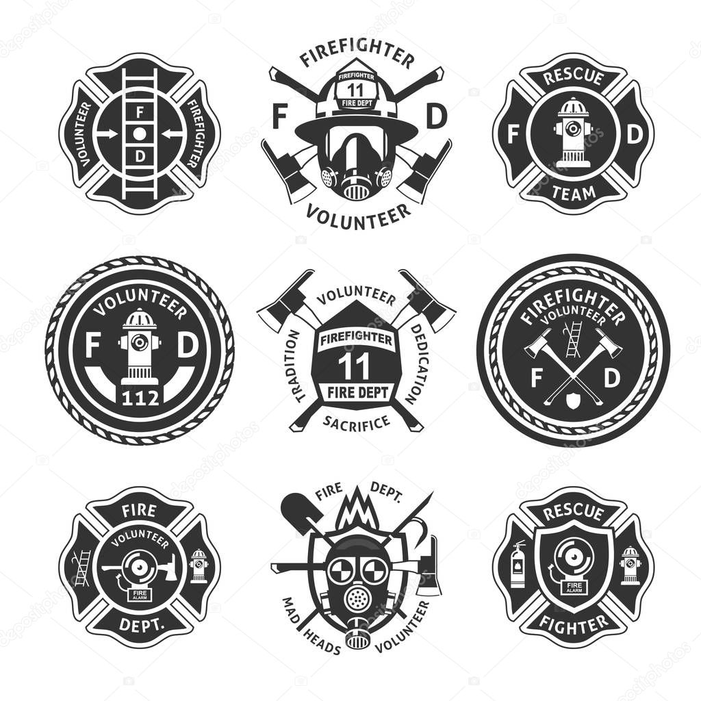 Vintage monochrome firefighting labels set with inscriptions crossed axes mask extinguisher hydrant ladder shovel isolated vector illustration