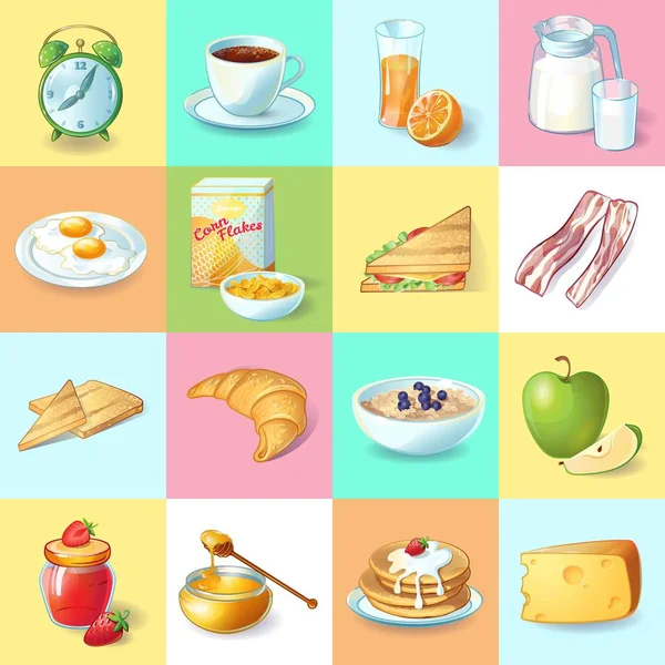 Collection d'éléments de petit déjeuner traditionnels colorés — Image vectorielle