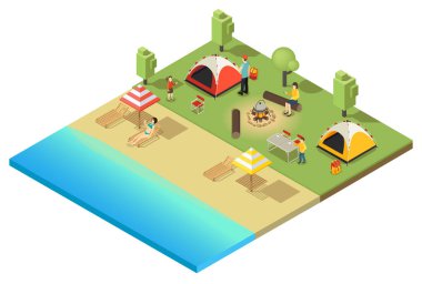 İzometrik kamp ve şablon Hiking