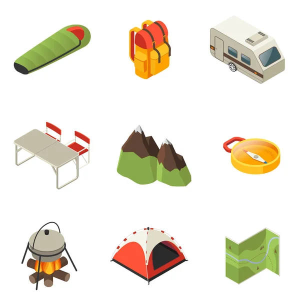 Collezione Isometrica Camping Icons — Vettoriale Stock