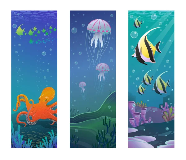 Banners verticales de animales marinos submarinos de dibujos animados — Archivo Imágenes Vectoriales