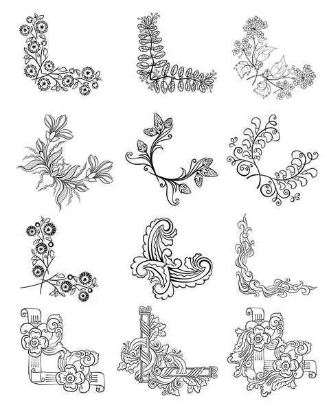 Sketch คอลเลกชันขอบมุมดอกไม้ตกแต่ง — ภาพเวกเตอร์สต็อก
