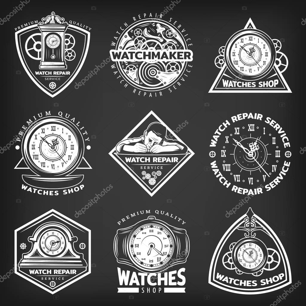 Vintage white clocks repair service emblems with letterings working master and watches isolated vector illustration